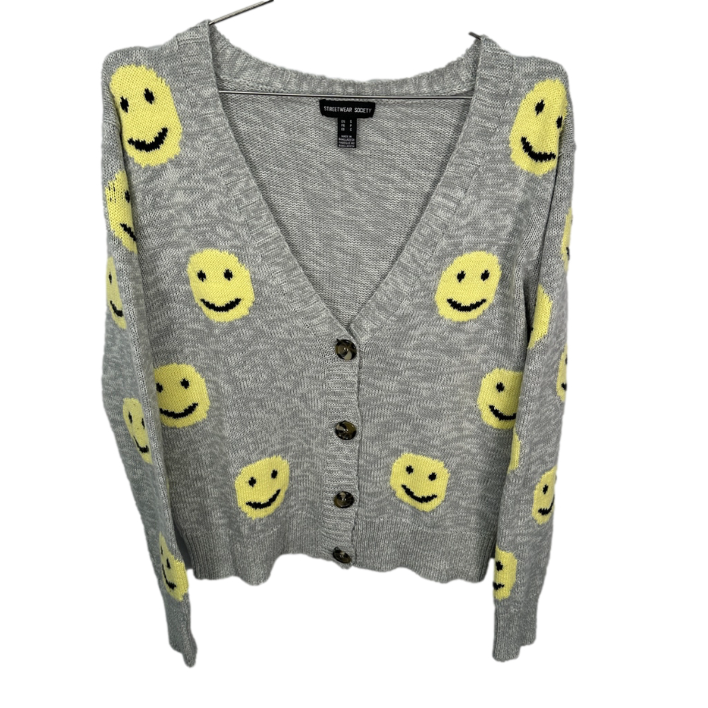 Grey Button Up Smiley Face Graphic Cardigan Sweater Small
